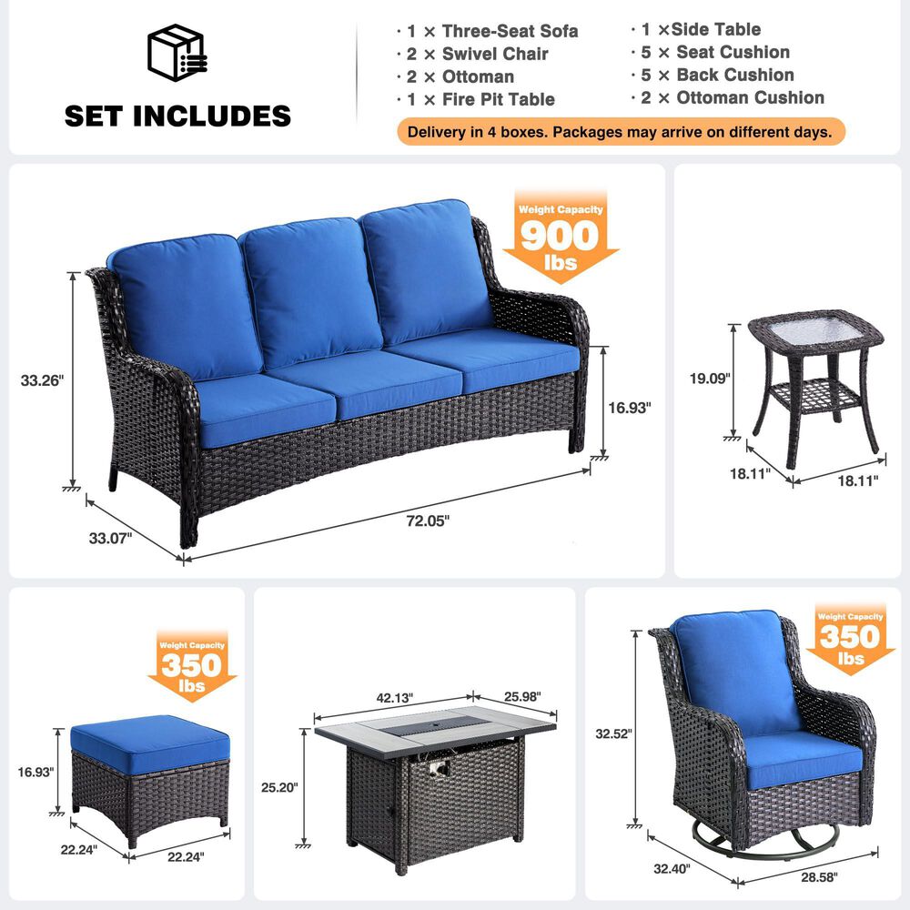 HOMLUX 7-Piece Patio Set with 42 Inch Fire Pit Table, Outdoor Wicker Sofa and Swivel Rocking Chairs, Brown Rattan in Navy Blue, , large