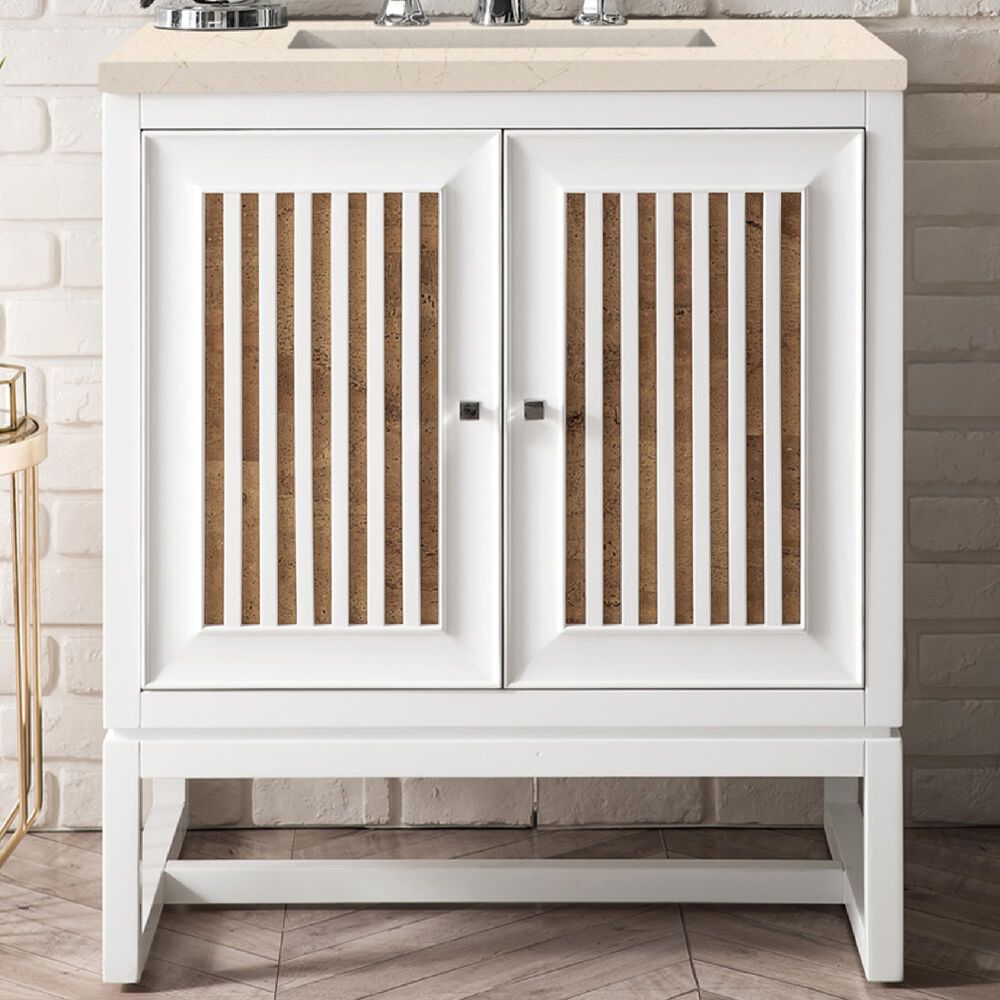 James Martin Vanities Athens 30&quot; Single Bathroom Vanity in Glossy White with 3 cm Carrara White Marble Top and Rectangular Sink, , large