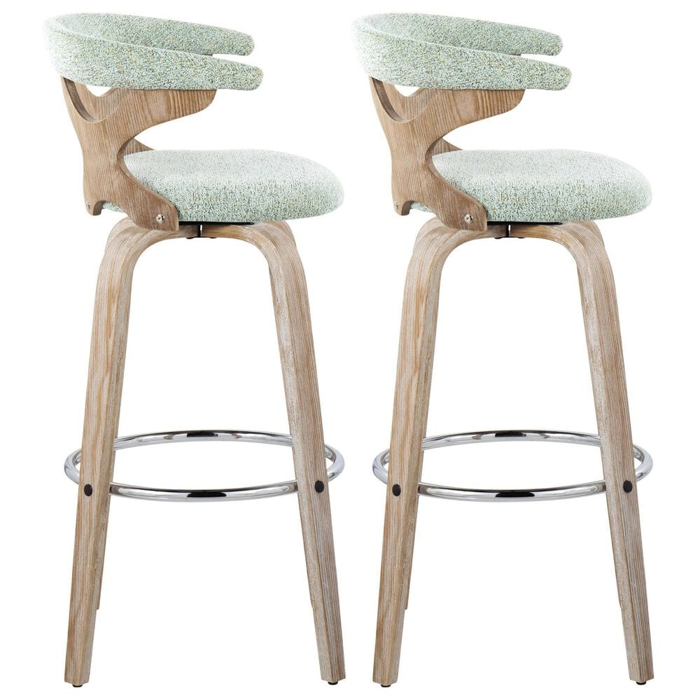 LumiSource Gardenia Swivel Fixed-Height Bar Stool with Light Grey Faux Leather Upholstery in Chrome and Whitewash (Set of 2), , large