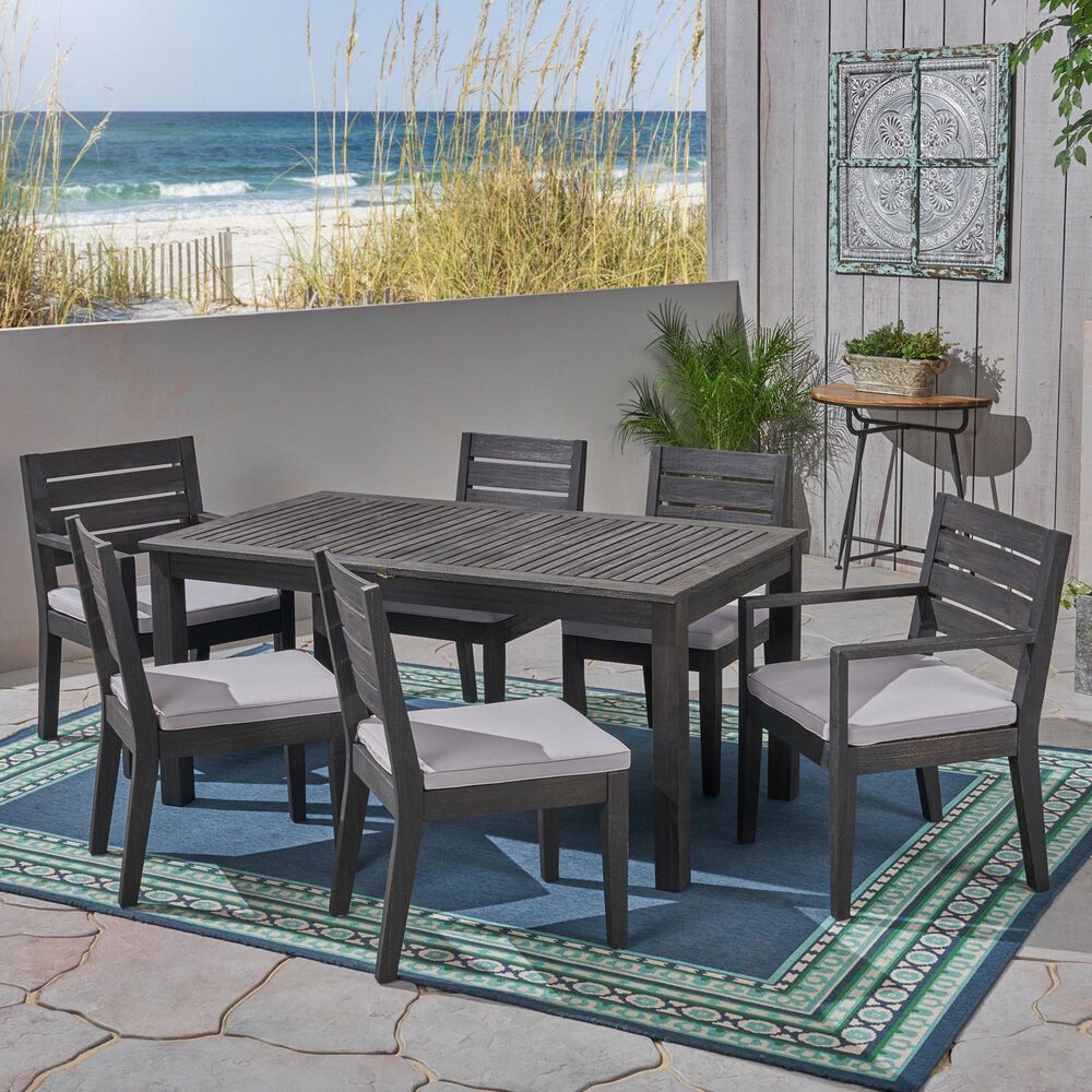 Hearth and Haven 7-Piece Outdoor Expandable Dining Set with Light Grey Cushions in Dark Grey, , large