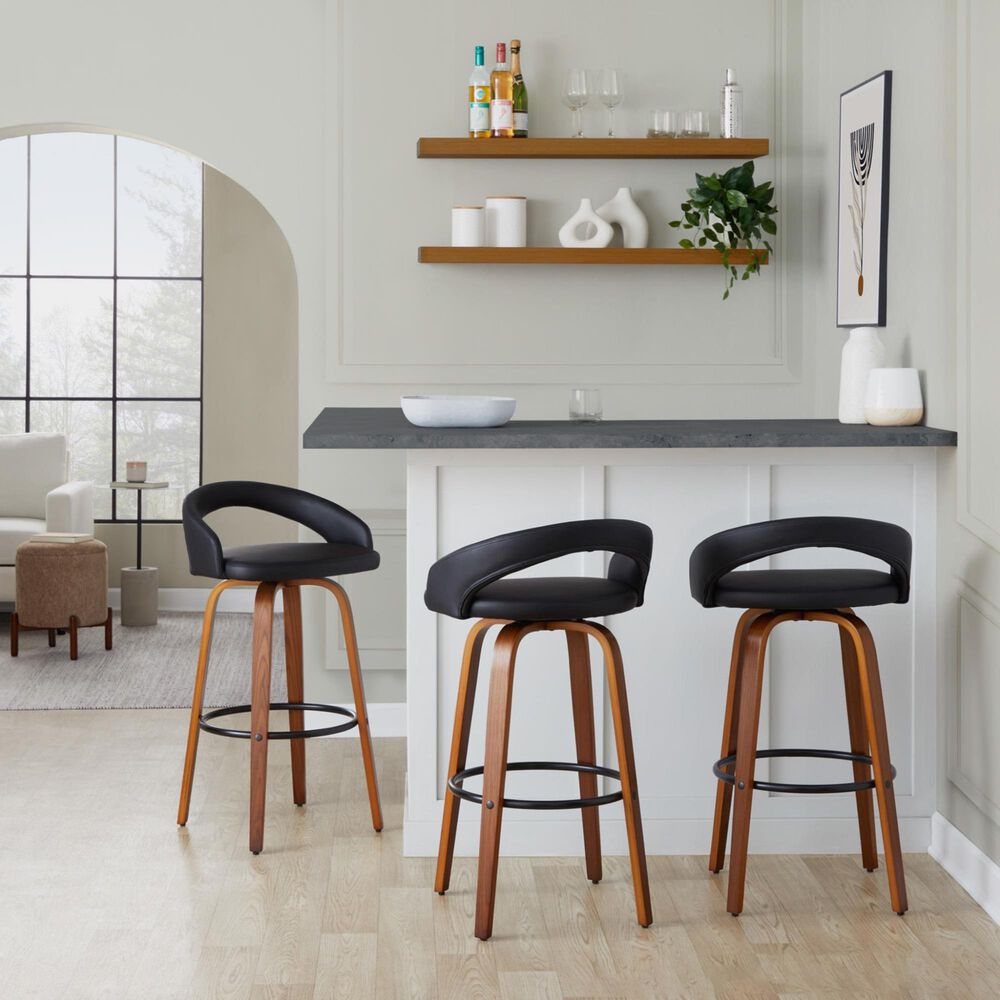 LumiSource Grotto Swivel Bar Stool with Black Faux Leather Upholstery in Walnut Wood and Black (Set of 2), , large