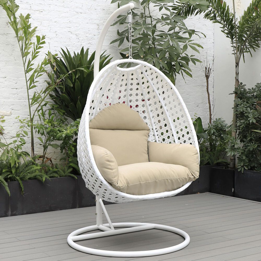 Leisuremod Patio Hanging Egg Swing Chair with Taupe Cushion in White, , large