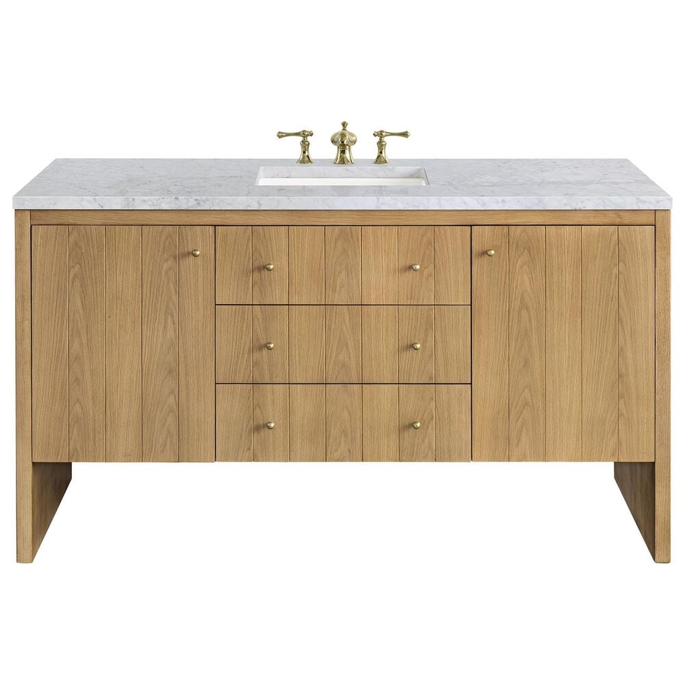 James Martin Vanities Hudson 60" Single Bathroom Vanity in Light Natural Oak with 3 cm Carrara White Marble Top and Rectangular Sink, , large