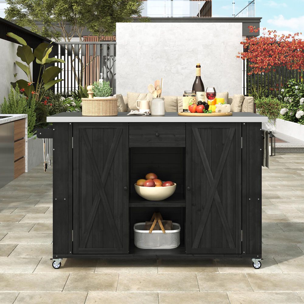 Hearth and Haven Outdoor Kitchen Island with Stainless Steel Top in Black, , large