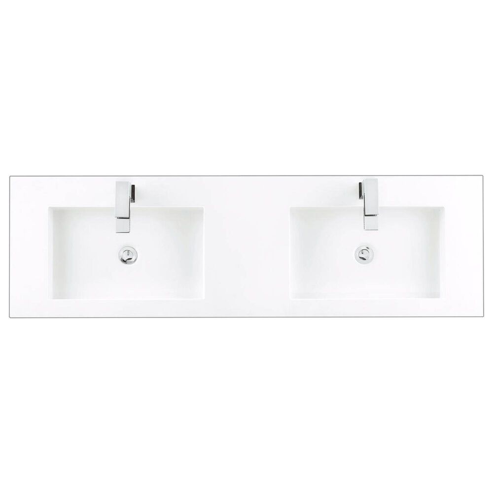 James Martin Vanities Linear 59&quot; Double Bathroom Vanity in Mid Century Walnut with 15 cm Glossy White Solid Surface Top and Rectangular Sinks, , large