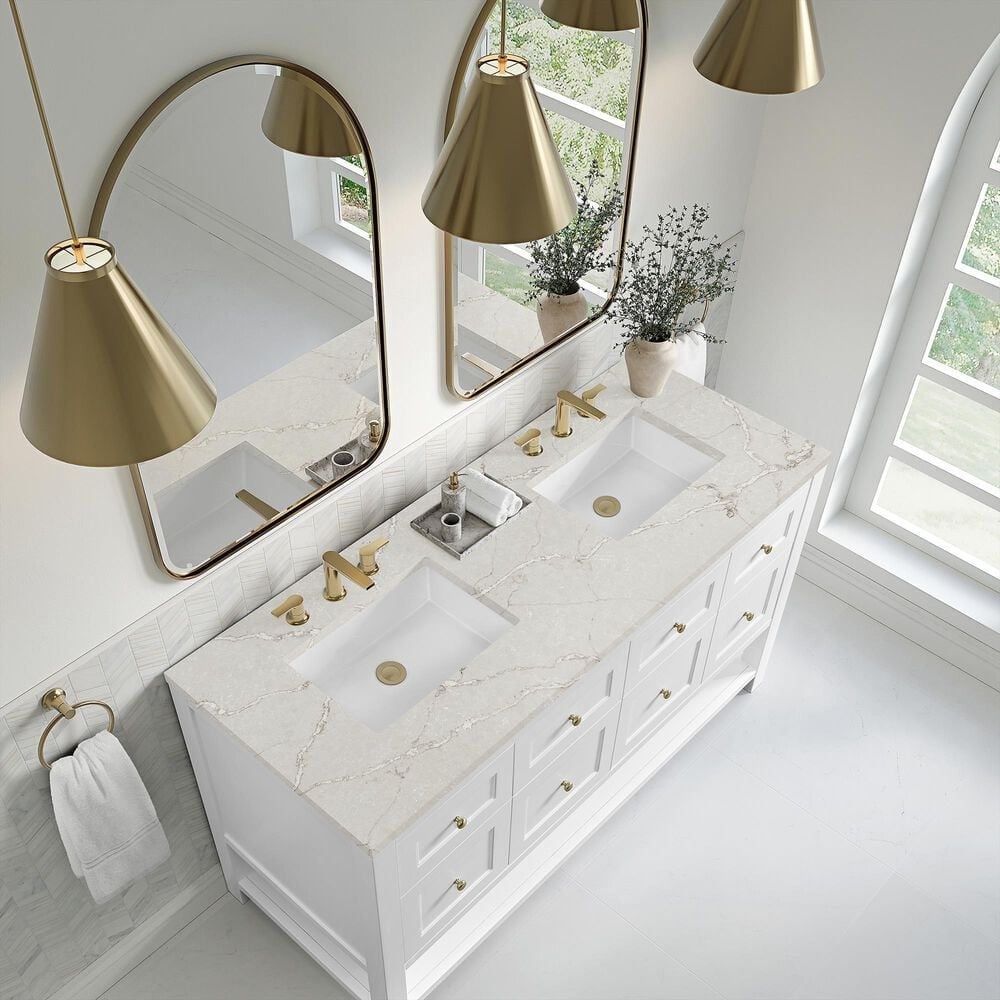 James Martin Vanities Breckenridge 60&quot; Double Bathroom Vanity in Bright White with 3 cm Victorian Silver Quartz Top and Rectangular Sinks, , large