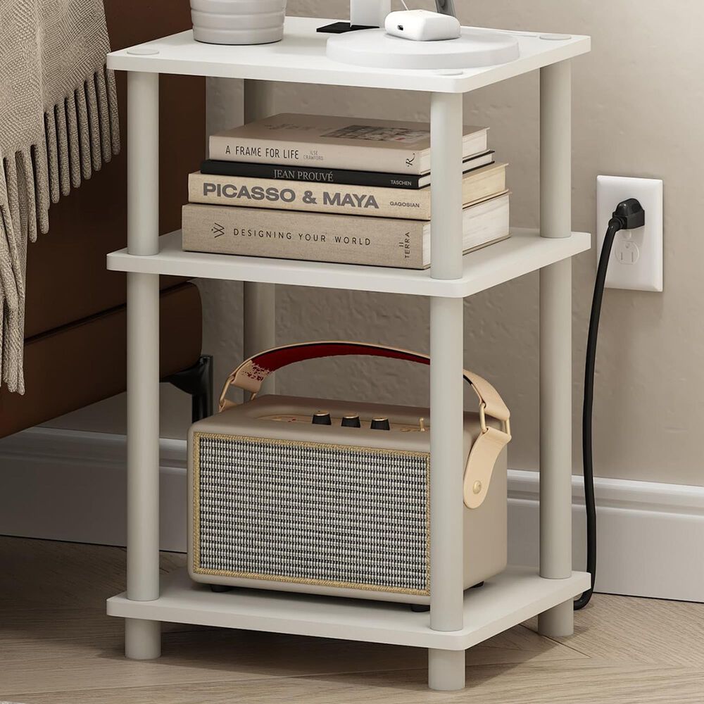 HOMLUX 3-Tier Turn-N-Tube End Table with Charging Station in White, , large