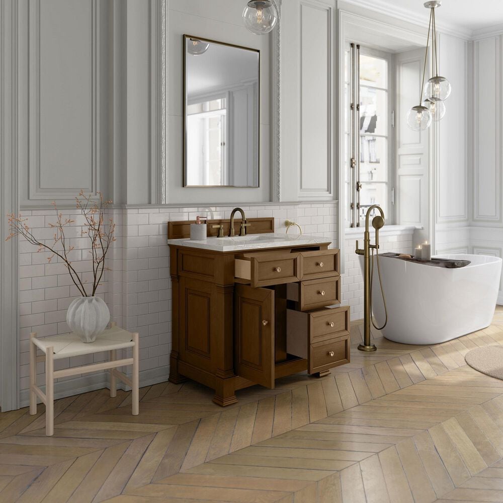 James Martin Vanities Brookfield 36" Single Bathroom Vanity in Honey Oak with 3 cm Victorian Silver Quartz Top and Rectangular Sink, , large