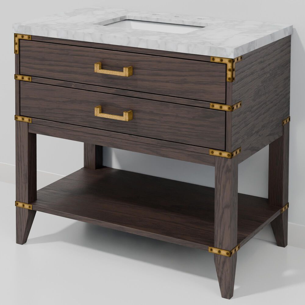 Lexora Home Norwalk 36" Single Bathroom Vanity in Brown Oak with White Carrara Marble Top  and Rectangle Sink, , large