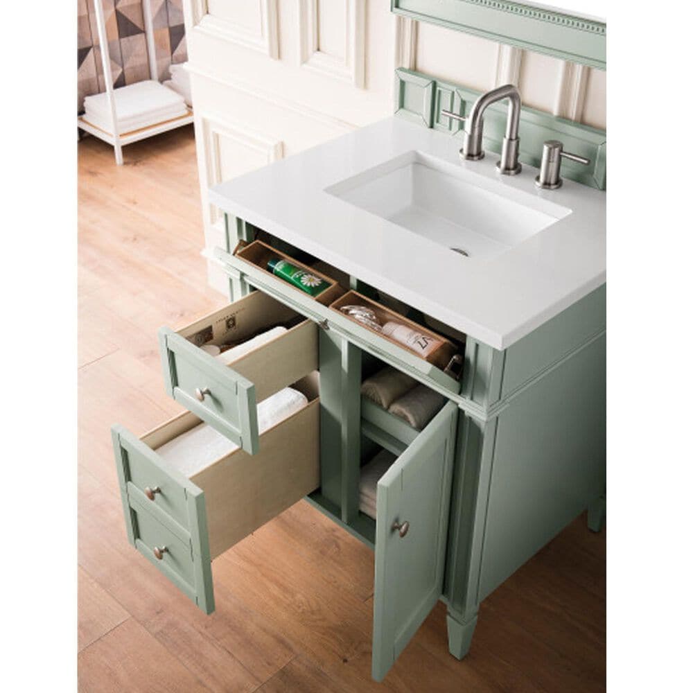 James Martin Vanities Brittany 30" Single Bathroom Vanity in Sage Green with 3 cm White Zeus Quartz Top and Rectangular Sink, , large