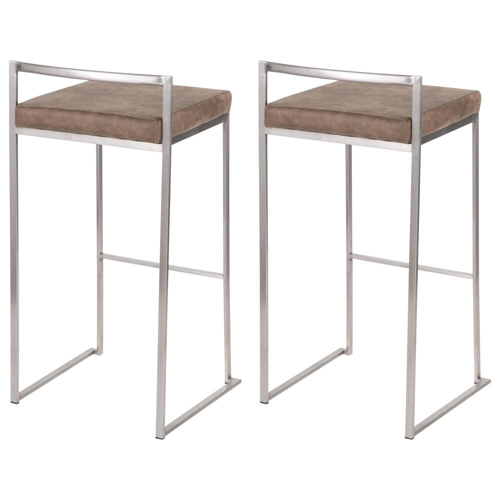 LumiSource Fuji 30" Stacker Bar Stool with Brown Cowboy Upholstery in Stainless Steel (Set of 2), , large