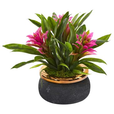 Nearly Natural Inc 11" Bromeliad Artificial Plant with Stoneware Planter in Purple, , large
