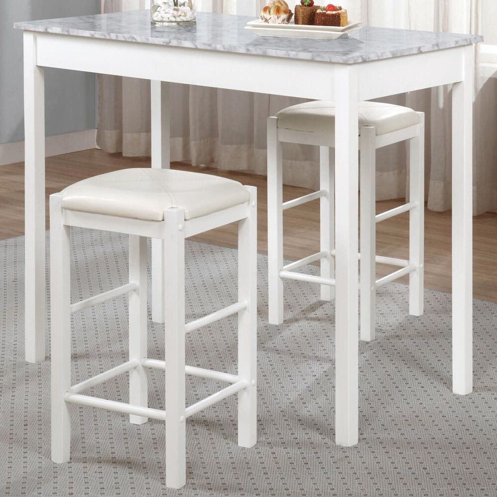 Linon Home Decor Lancer Tavern 3-Piece Counter Set with Faux Marble Top in Crisp White, , large