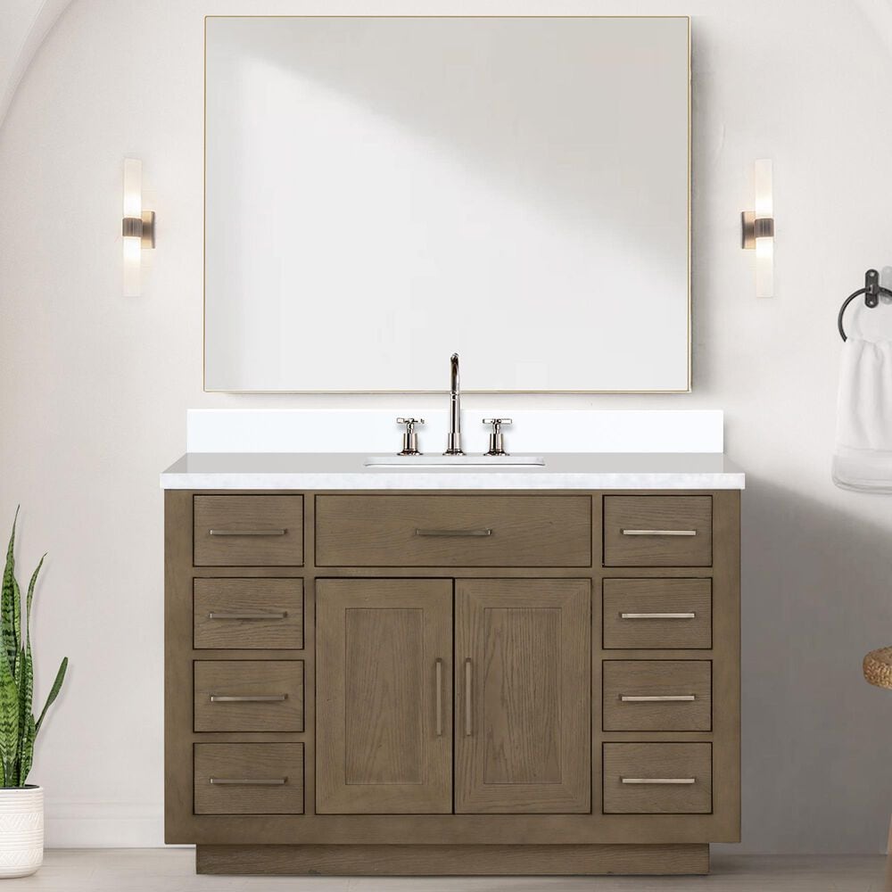 Lexora Home Abbey 48&quot; Single Bathroom Vanity in White Oak with 2 cm White Cultured Marble Top, Rectangular Sink and 43&quot; Mirror, , large