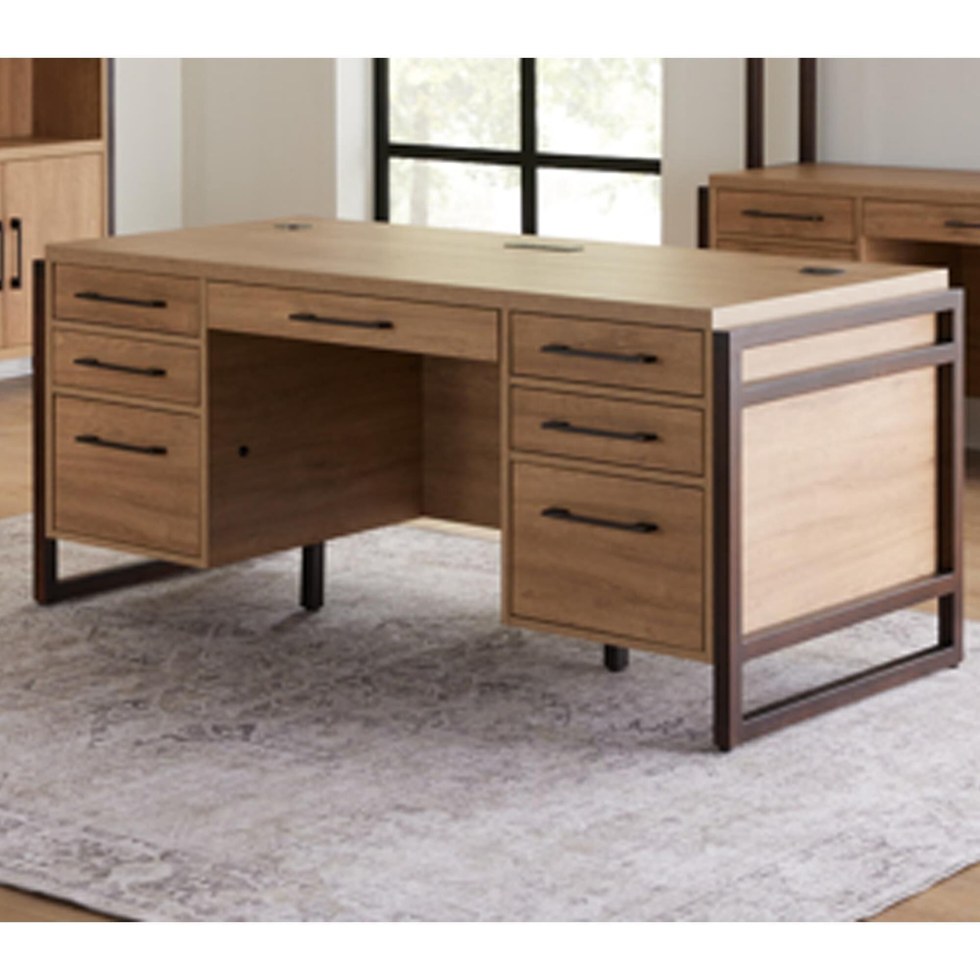 Double pedestal desk store with filing drawer