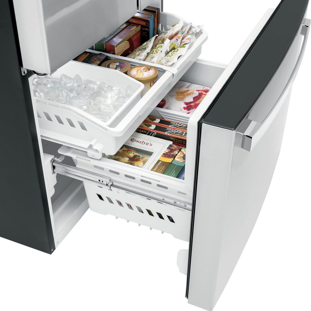 GE Appliances 4-Piece Kitchen Package with 27 Cu. Ft. French Door Refrigerator and 5.3 Cu. Ft. Freestanding Electric Range in Stainless Steel and Black, , large