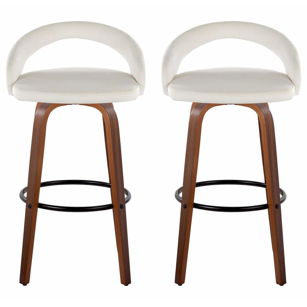 LumiSource Grotto Swivel Bar Stool with White Velvet Upholstery in Walnut Wood and Black (Set of 2), , large