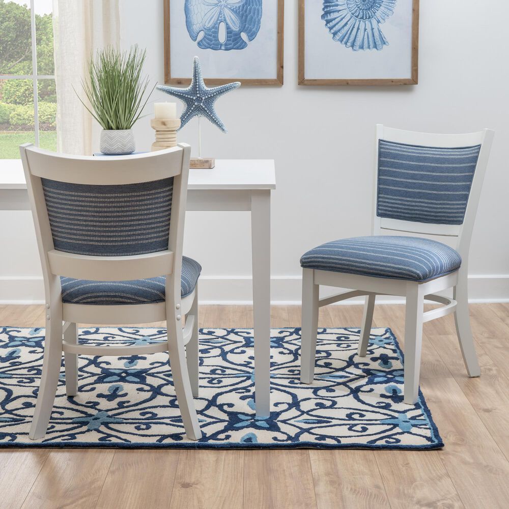 Linon Home Decor Lainey Side Chair with Blue Stripe Cushion in White (Set of 2), , large