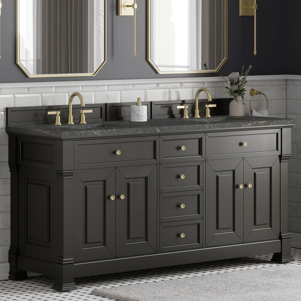 James Martin Vanities Brookfield 72" Double Bathroom Vanity in Black Onyx with 3cm Parisien Bleu Quartz Top and Rectangular Sinks, , large
