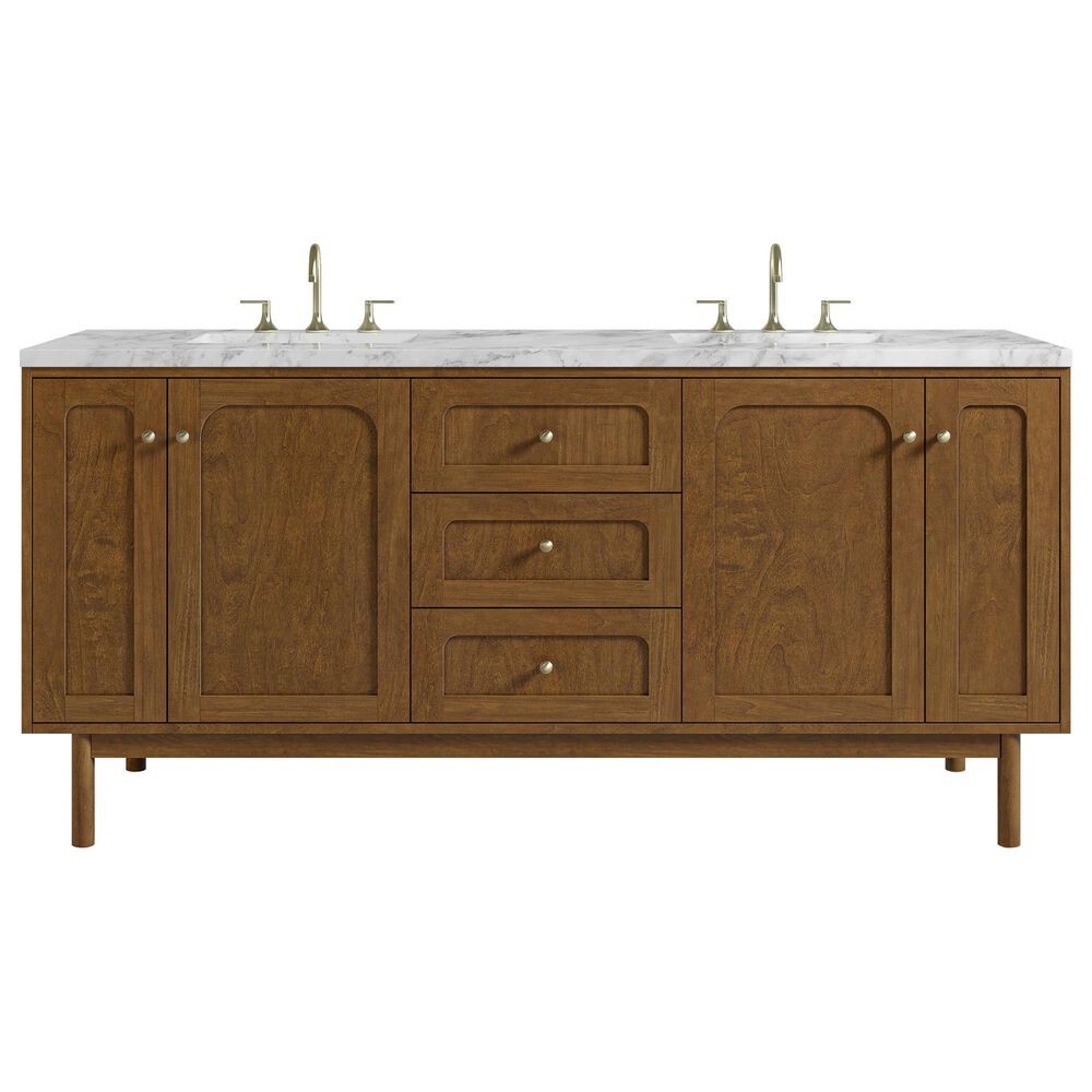 James Martin Laurent 72" Double Bathroom Vanity in Honey Oak with 3 cm Carrara Marble Top and Rectangular Sinks, , large