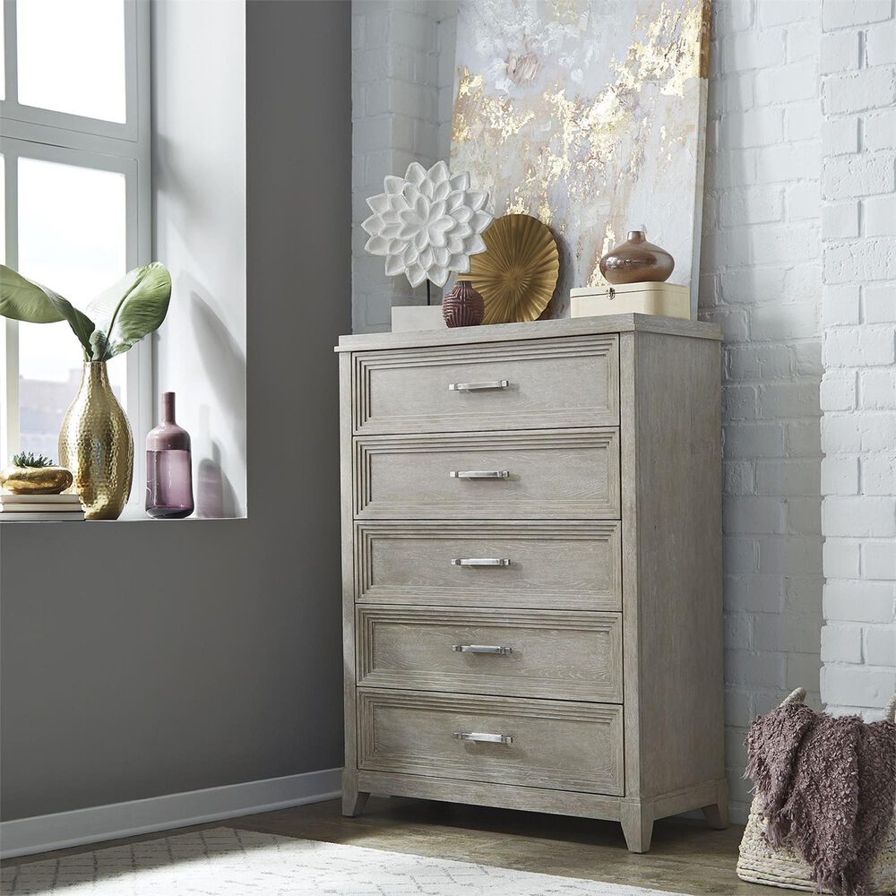Belle Furnishings Belmar 5 Drawer Chest in Washed Taupe and Silver Champagne, , large