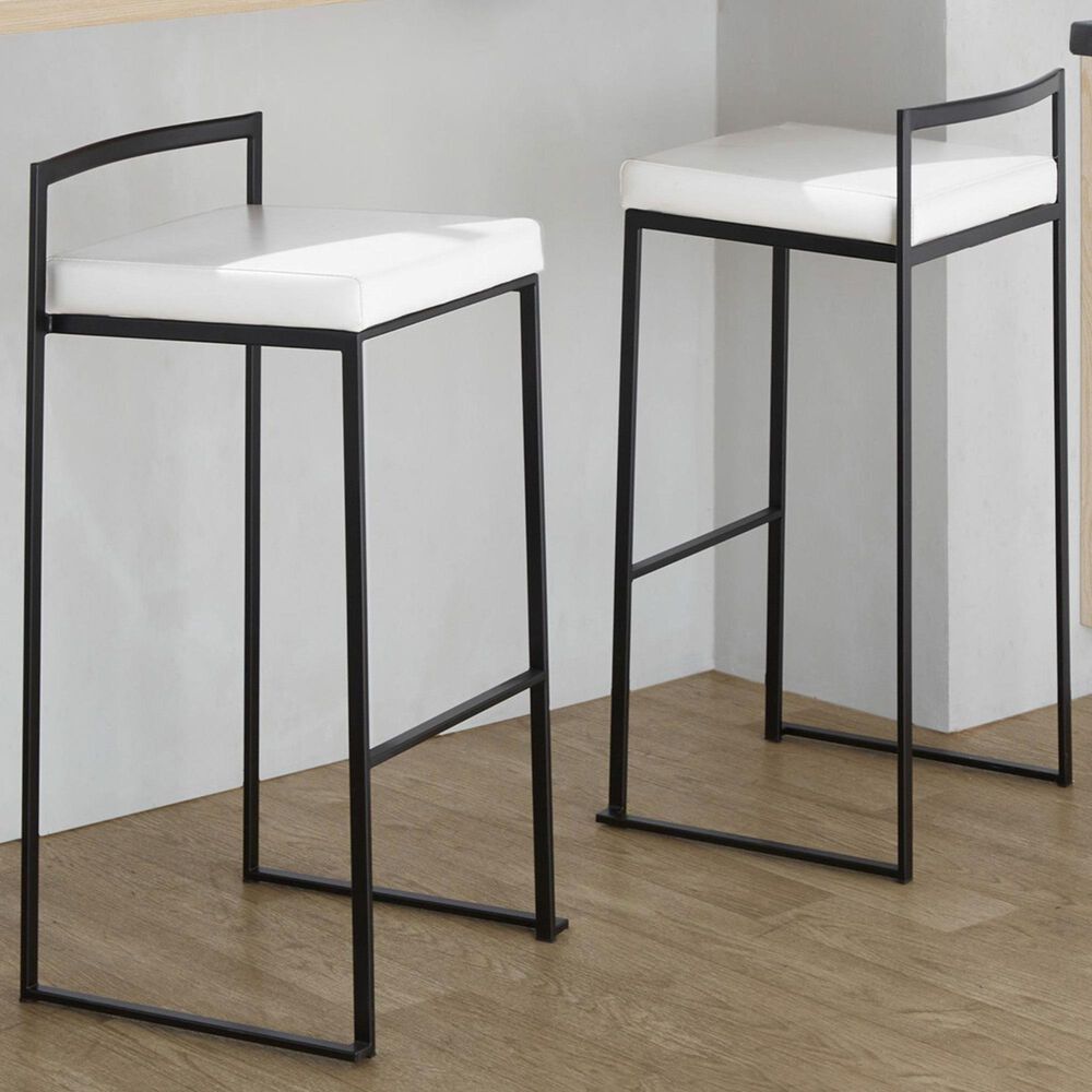 Lumisource Fuji Stackable Barstool with White Faux Leather Cushion in Black &#40;Set of 2&#41;, , large