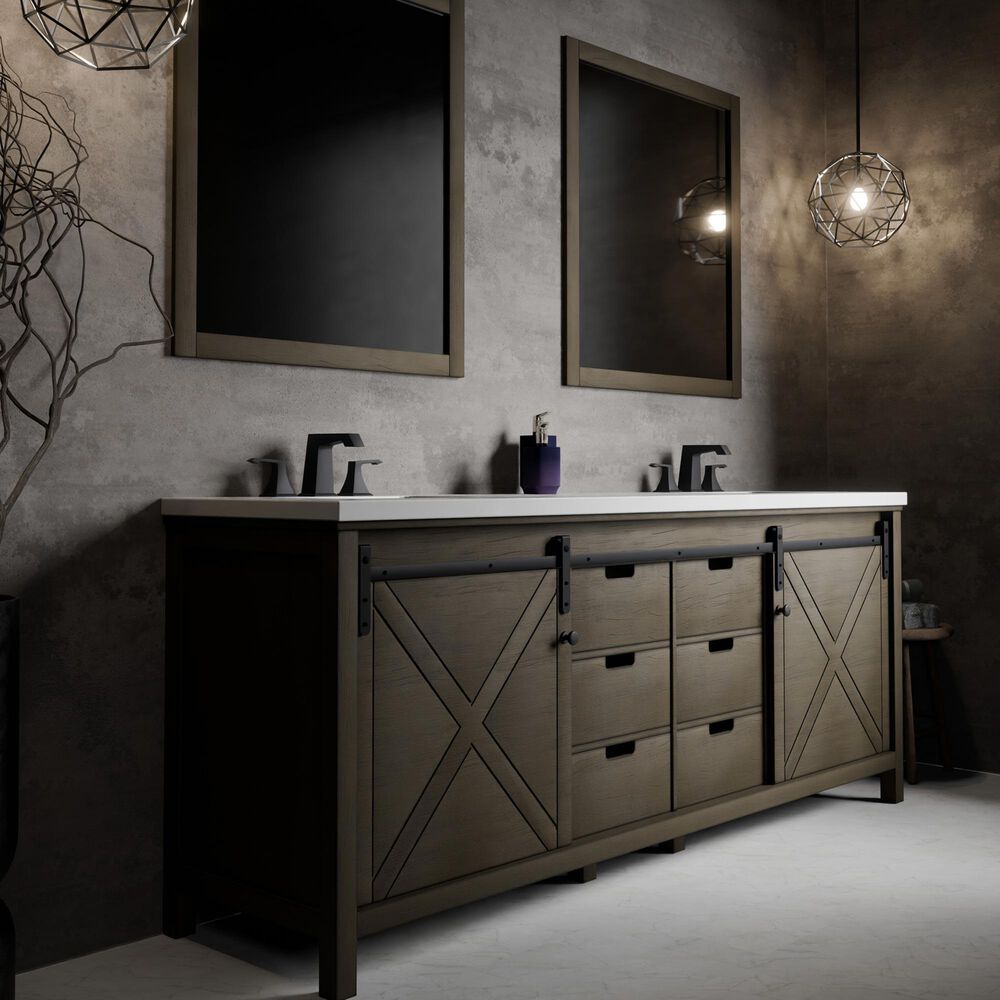 Lexora Home Marsyas 84&quot; Double Bathroom Vanity in Rustic Brown with White Quartz Top and Rectangular Sinks, , large