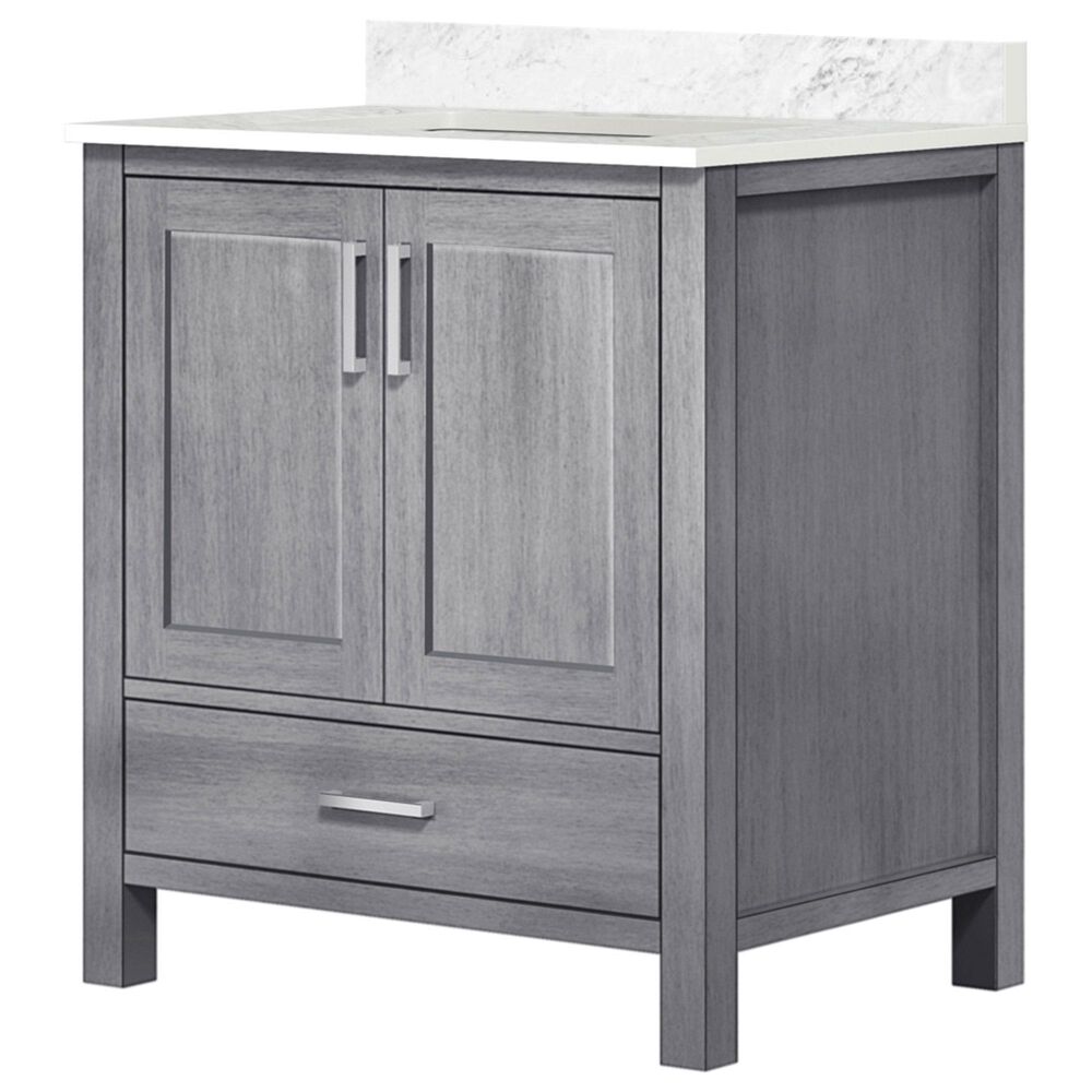 Lexora Home Jacques 30" Single Bathroom Vanity in Distressed Grey with 2 cm White Carrara Marble Top and Rectangular Sink, , large