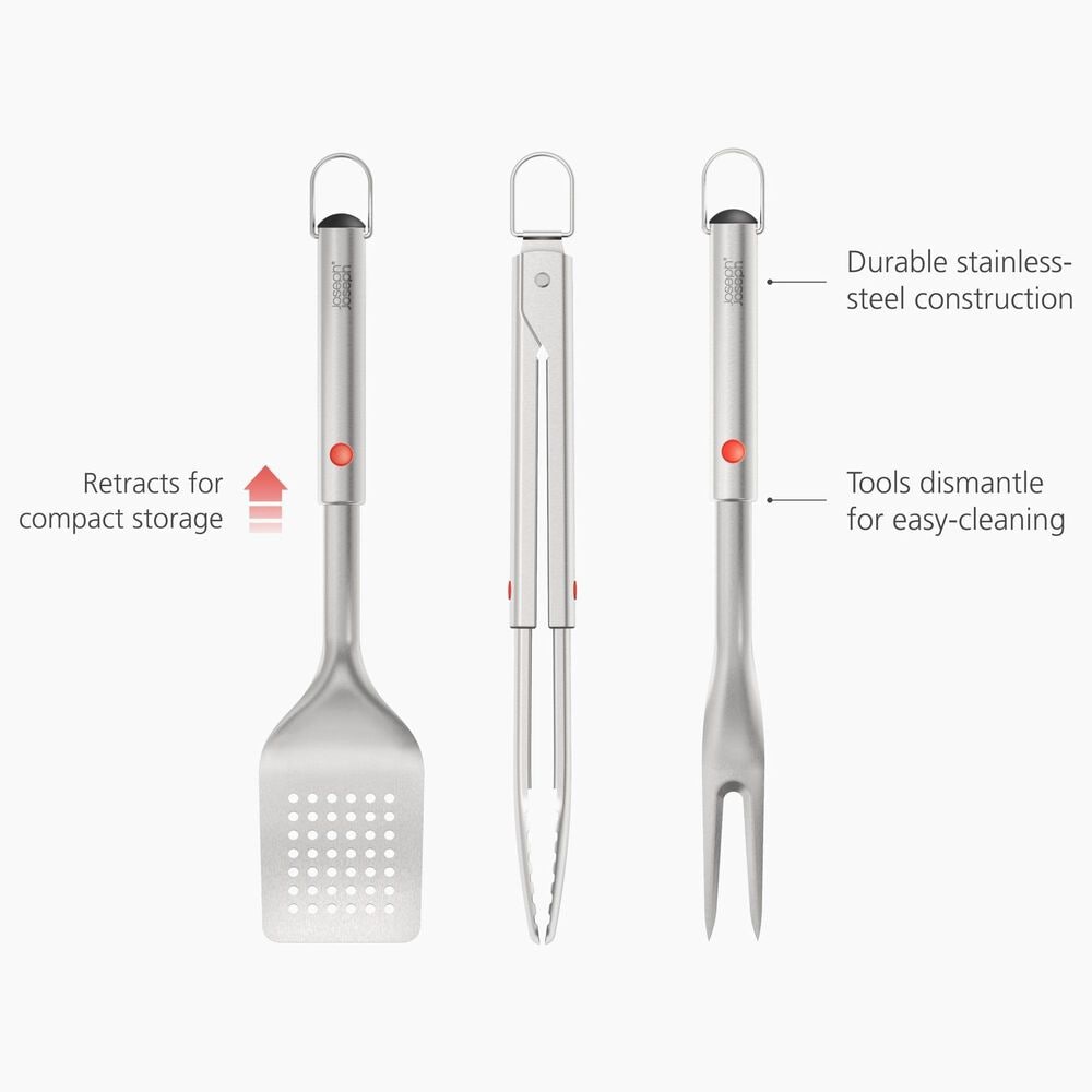 Joseph Joseph GrillOut 3-Piece BBQ Turner Tongs and Fork Set in Stainless Steel, , large