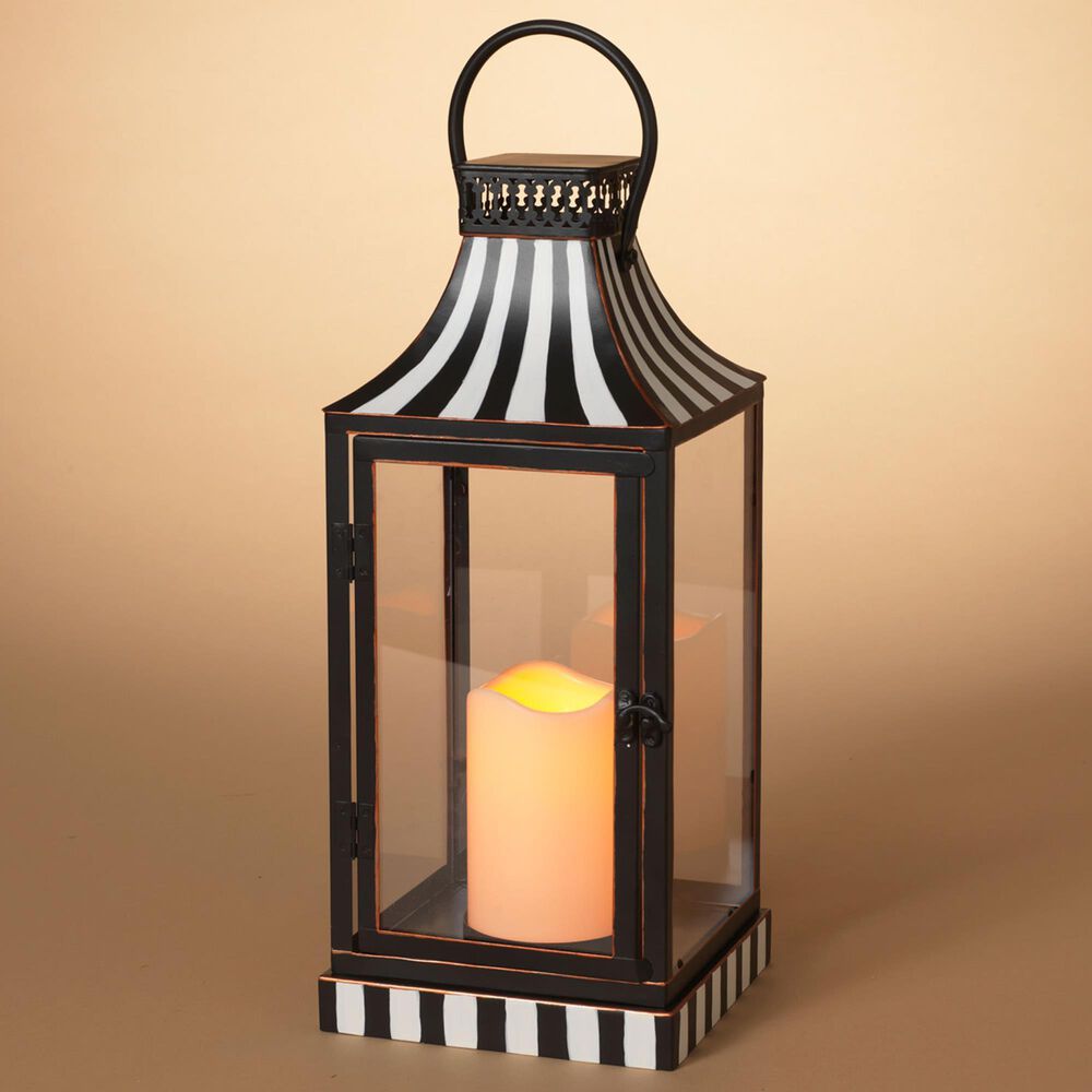 The Gerson Company 15.3" Lighted Metal Holiday Lantern with LED Candle in Charcoal and White, , large