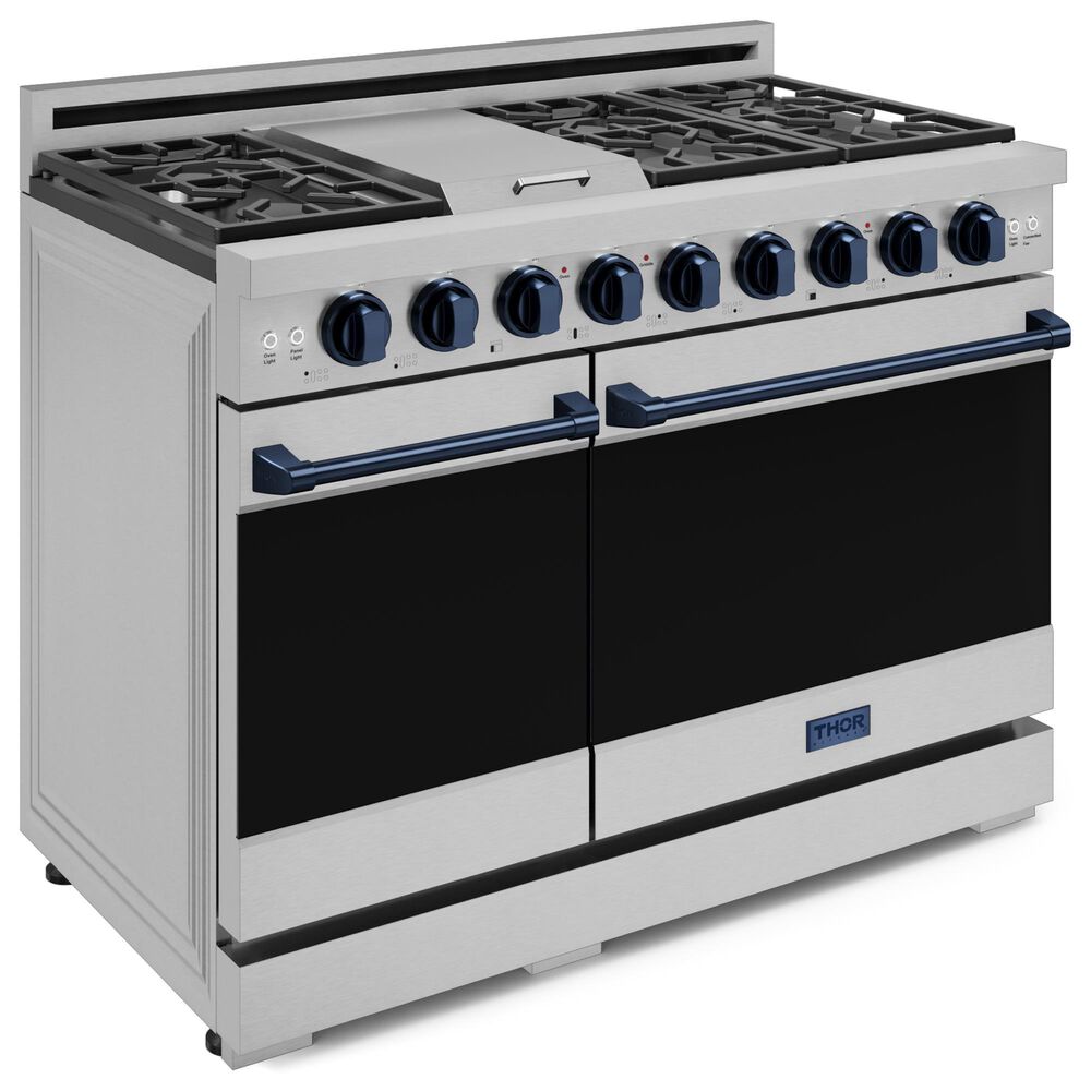 THOR KITCHEN Gordon Ramsay 6.8 Cu. Ft. 48&quot; Professional Liquid Propane Range with Navy Blue Handle Kit in Stainless Steel, , large