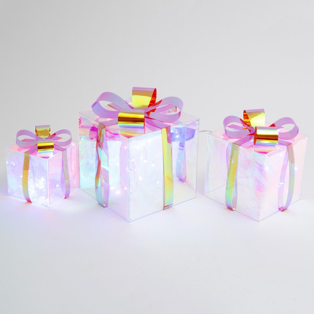 The Gerson Company 3-Piece USB Electric RGB Lighted Holographic Holiday Gift Box Set in White, , large