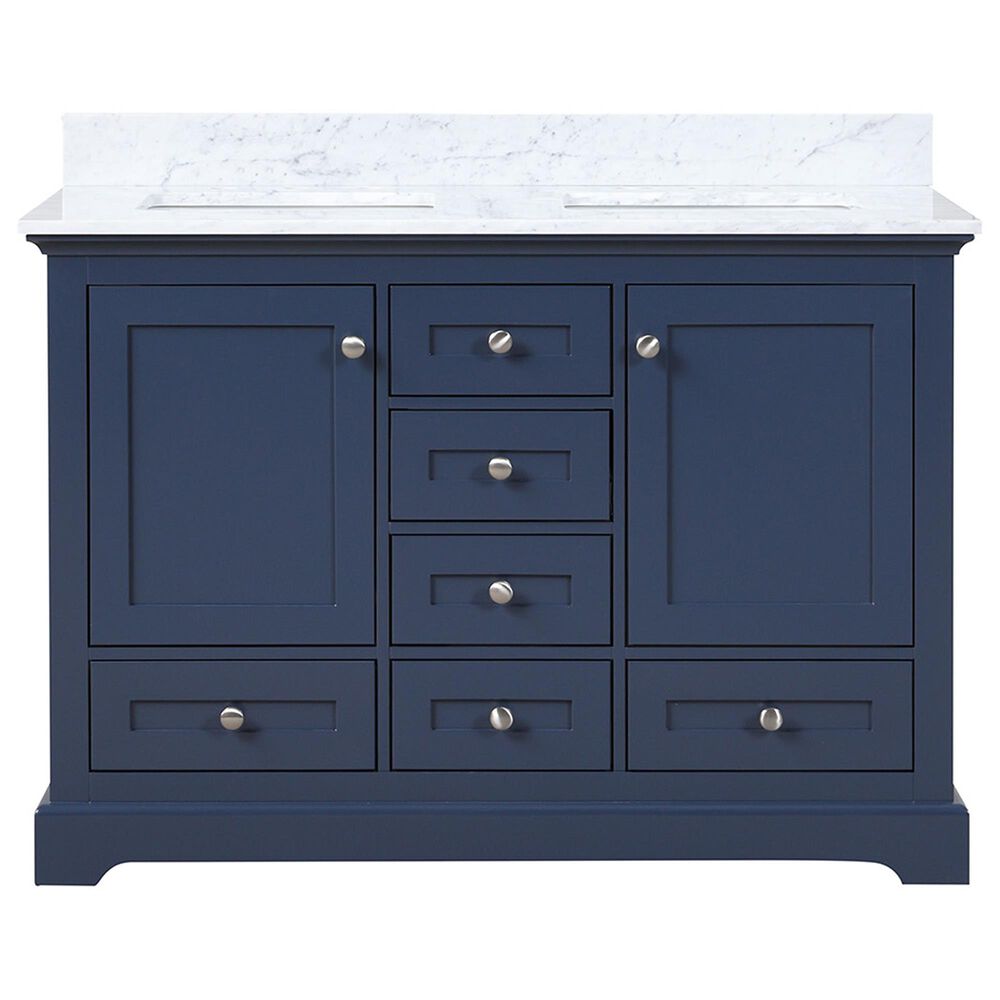 Lexora Home Dukes 48&quot; Double Bathroom Vanity in Navy Blue with 2 cm White Carrara Marble Top and Rectangular Sinks, , large