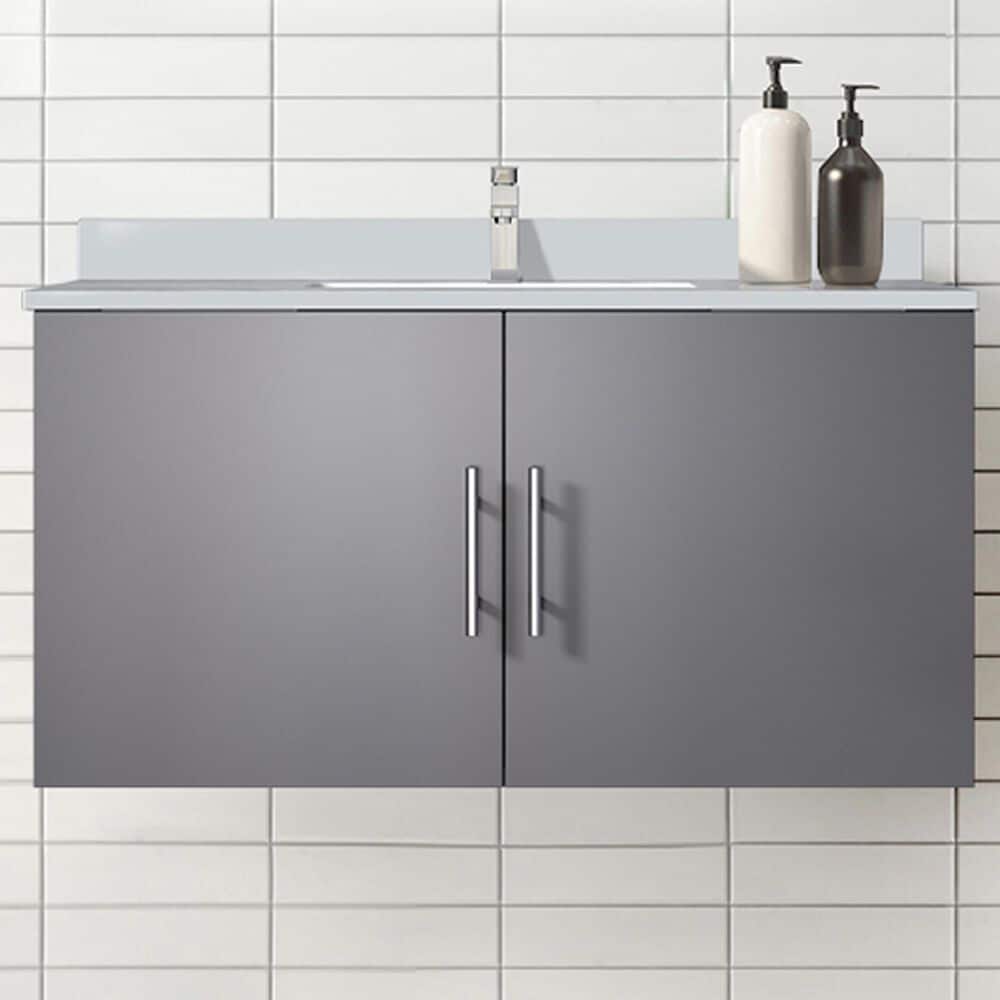 Lexora Home Geneva 36&quot; Single Bathroom Vanity in Dark Grey with 2 cm White Quartz Top and Rectangular Sink, , large