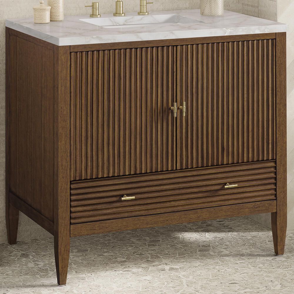James Martin Vanities Myrrin 36&quot; Vanity in Mid-Century Walnut with 3 cm Victorian Silver Quartz Top, , large