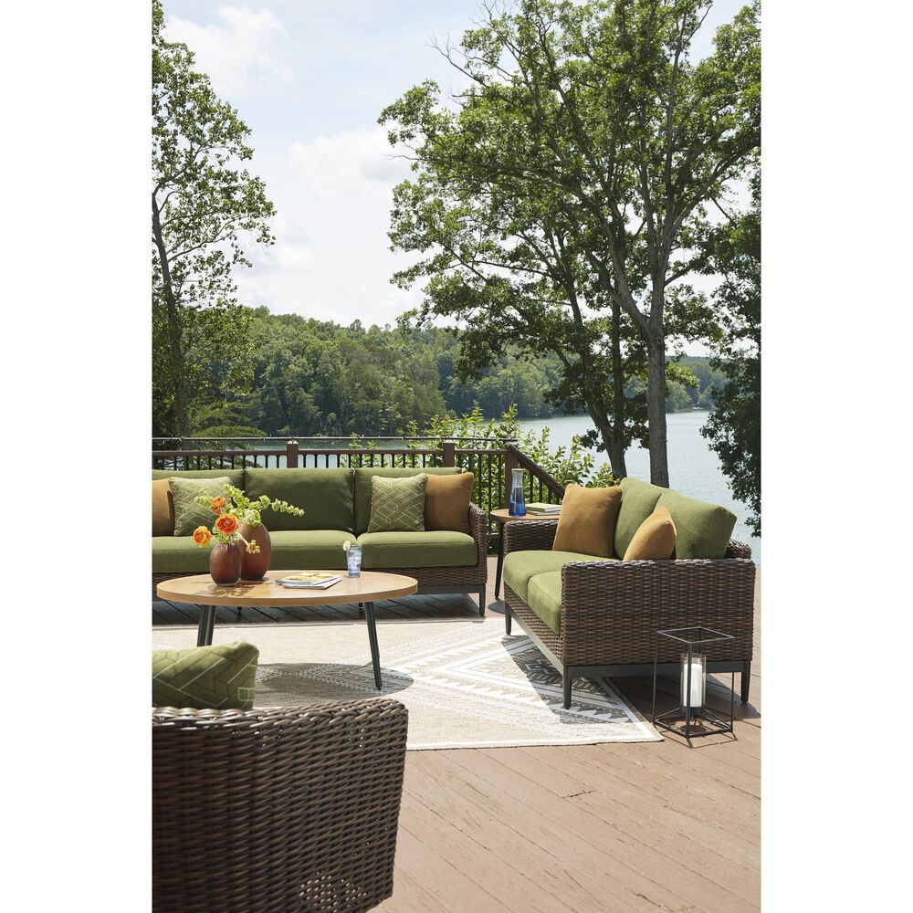 Ashley Horizon Hall Outdoor Loveseat with Green Cushion in Brown, , large