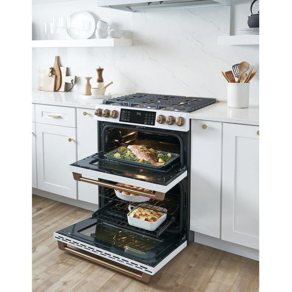 Cafe 30&quot; Slide-In Gas Double Oven with Convection Range in Matte White with Brushed Bronze Handle, , large