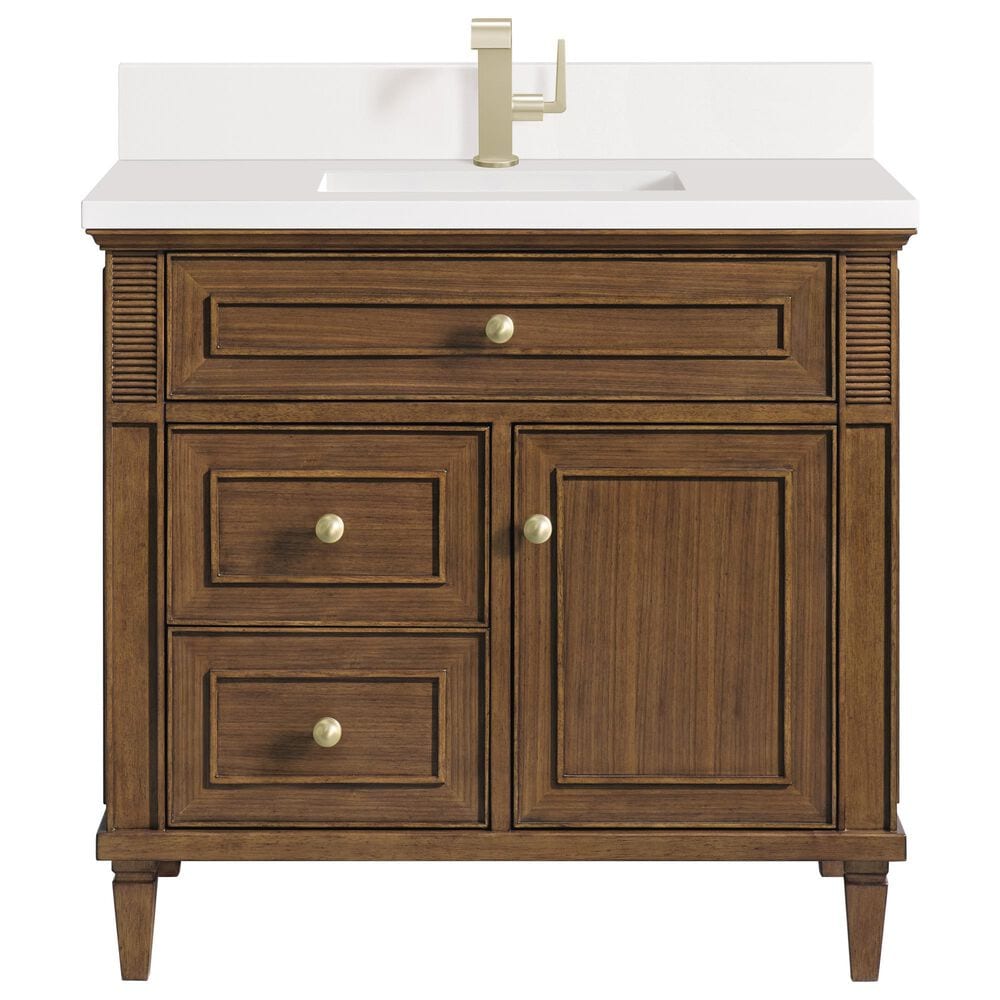 James Martin Vanities Lorelai 36" Single Vanity in Mid-Century Walnut with Single Hole 3 cm and White Zeus Quartz Top & Backsplash, , large