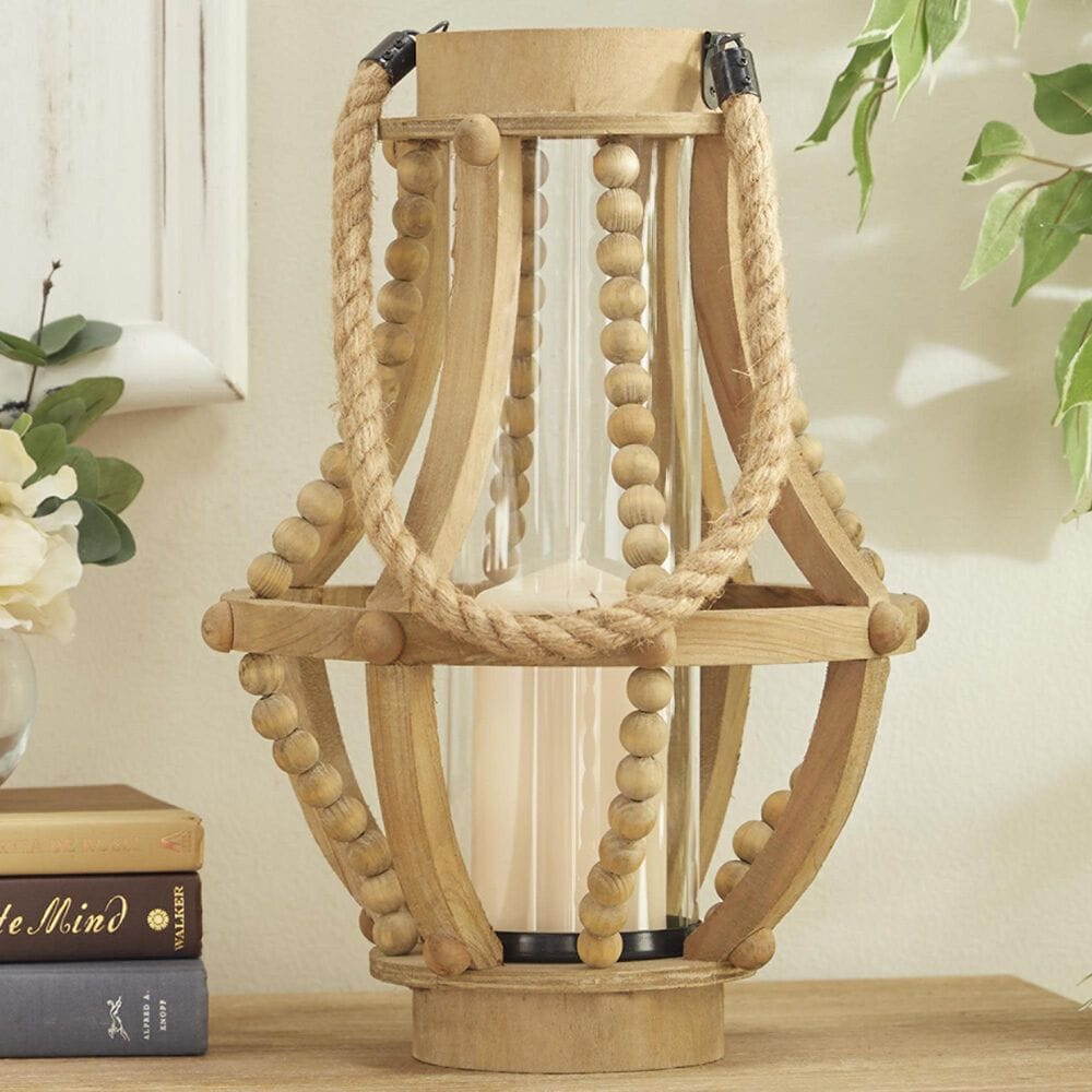 Maple and Jade Beaded Decorative Indoor/Outdoor Candle Lantern in Washed Beige, , large