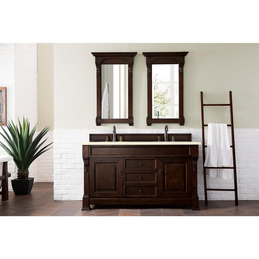James Martin Vanities Brookfield 60&quot; Double Bathroom Vanity in Burnished Mahogany with 3 cm Eternal Marfil Quartz Top and Rectangle Sinks, , large