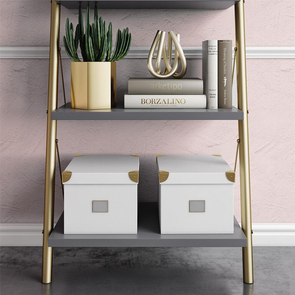 CosmoLiving by Cosmopolitan CosmoLiving Nova 4-Shelf Ladder Bookcase in Graphite Gray and Gold, , large