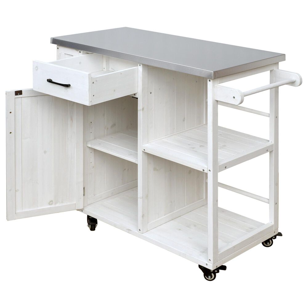 Hearth and Haven Outdoor Kitchen Island Cart with Stainless Steel Top, Towel and Spice Racks in White, , large