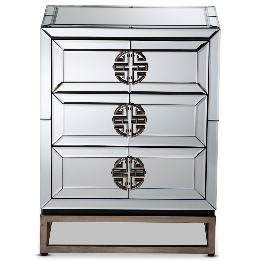 Baxton Studio Laken Mirrored 3-Drawer End Table in Silver and Antique Bronze, , large