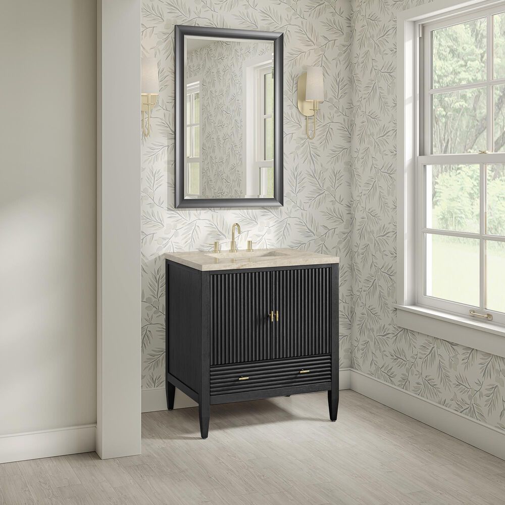 James Martin Myrrin 30" Single Bathroom Vanity in Carbon Oak with 3 cm Tajnar Eclos Top and Rectangular Sink, , large
