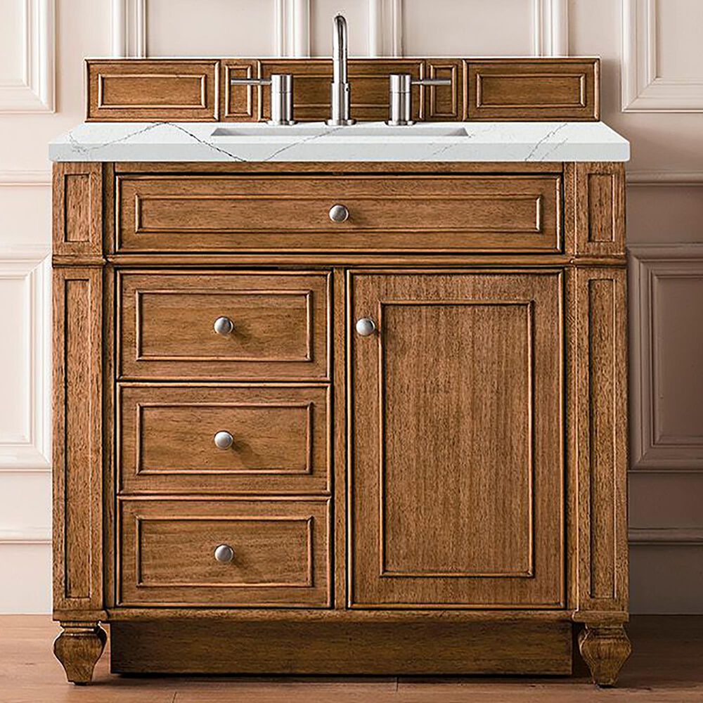 James Martin Vanities Bristol 36&quot; Single Bathroom Vanity in Saddle Brown with 3 cm Ethereal Noctis Quartz Top and Rectangular Sink, , large