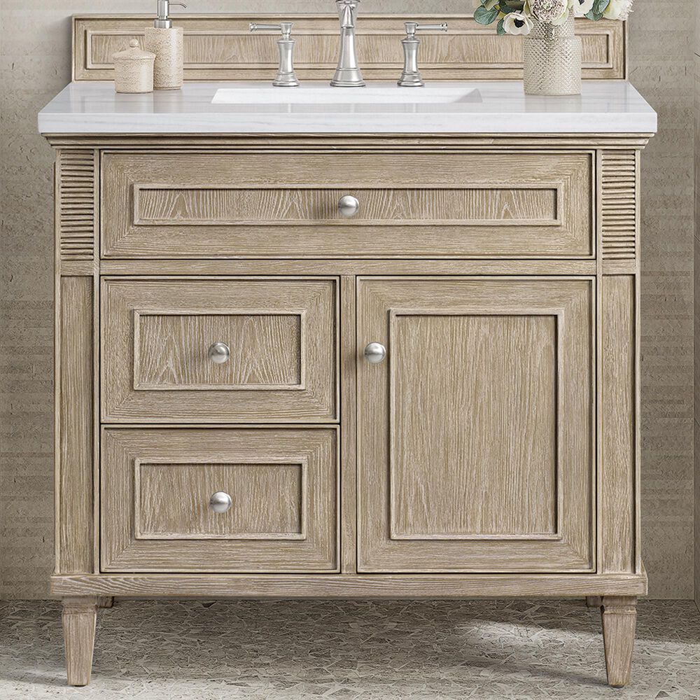 James Martin Vanities Lorelai 36&quot; Single Vanity in Whitewashed Oak with 3 cm Arctic Fall Solid Surface Top, , large