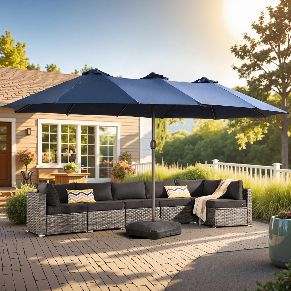 HOMLUX 15' Outdoor Market Umbrella with Sandbags Base in Dark Blue, , large
