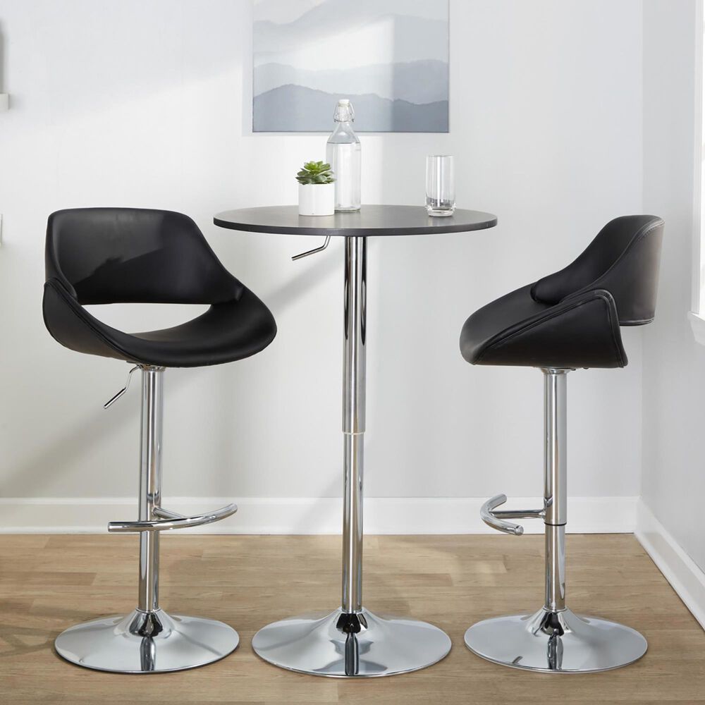 LumiSource Fabrico Swivel Adjustable Bar Stool with Black Faux Leather Upholstery and Rounded T Footrest in Chrome (Set of 2), , large