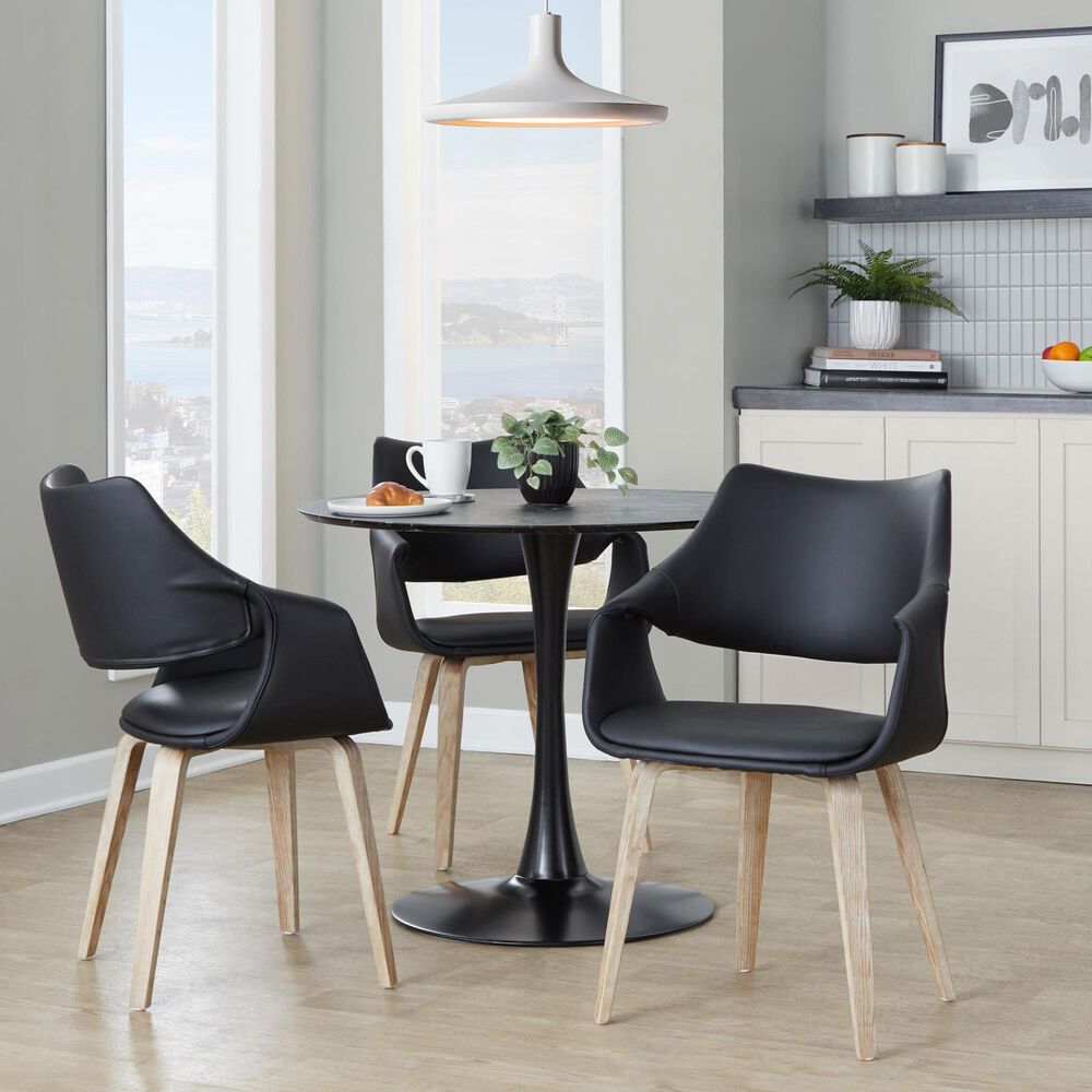 LumiSource Curvo Arm Chair with Black Faux Leather Cushion in Whitewashed Wood (Set of 2), , large