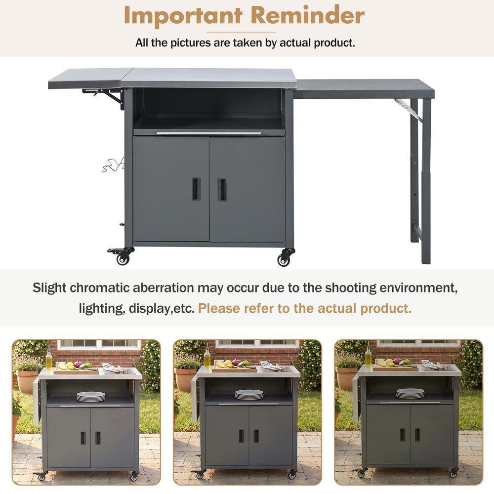Hearth and Haven Outdoor Kitchen Island Cart with Dual Expandable Stainless Steel Tabletops in Gray, , large